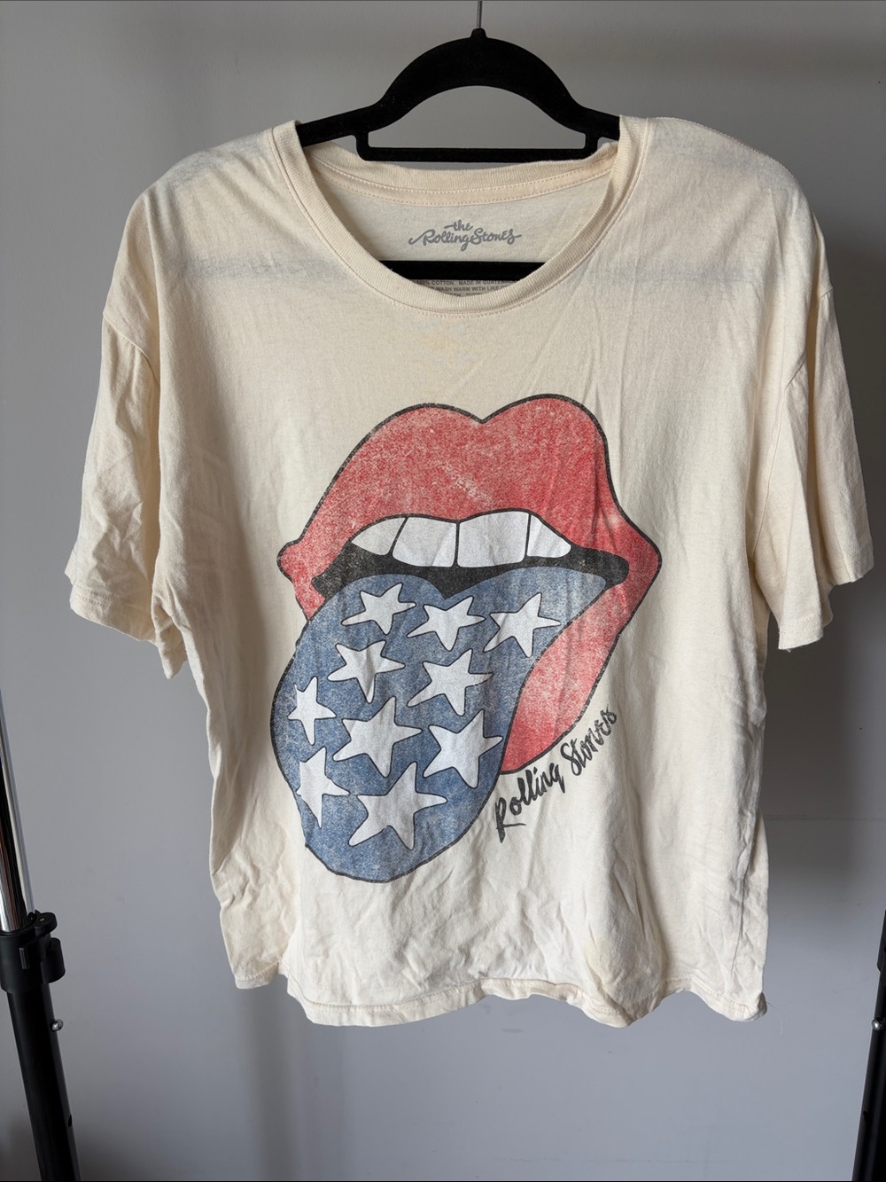 The Rolling Stones Cream Tee with Red Lips and Blue Star Tongue